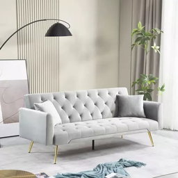 Sofá Cama Futón De Terciopelo Con Patas De Metal Y 2 Almohad Color Gris Diseño De La Tela N/a