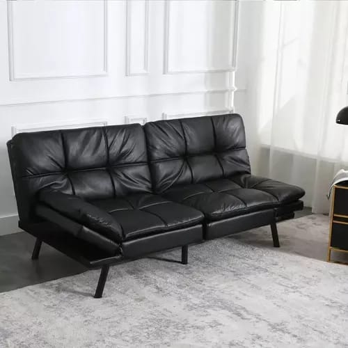 Sillón Reclinable Sofá Cama Piel Sintética Negra Minimalista_0