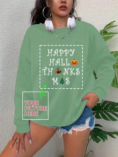 Personalized Photo/Graphics Round Neck Long Sleeve Sweatshirt - Green_0