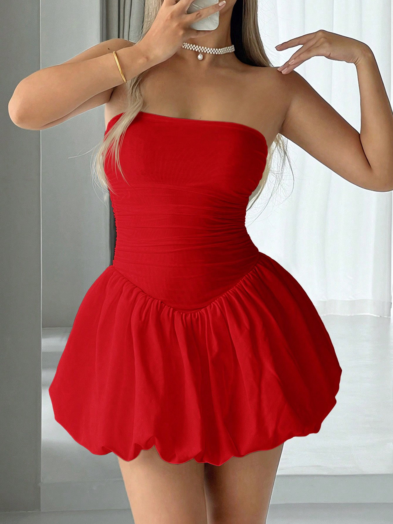 SHEIN Sweetina Strapless Solid Color Skater Dress_4