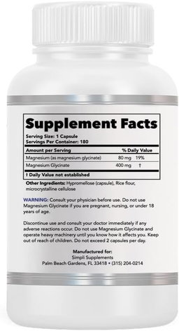 Glicinato de magnesio 400 mg 180 cápsulas (apto para veganos, fabricado en Estados Unidos, sin gluten, sin OMG)