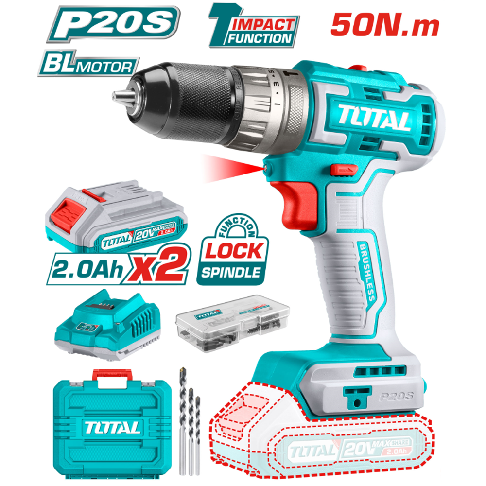 Masina de gaurit/insurubat cu impact cu acumulator 20.0V 2.0Ah 50Nm Total TIDLI20508 Brushless_0