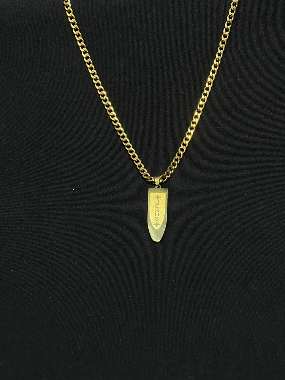 Gold Sword Pendant Necklace with Cross Engraving_0