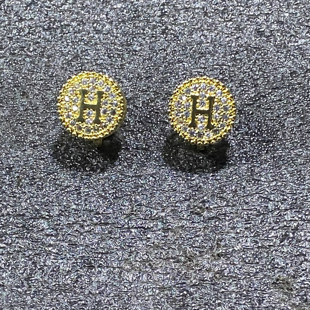 Gold Diamond-Studded Initial Earrings ("H") {NON PIERCING}