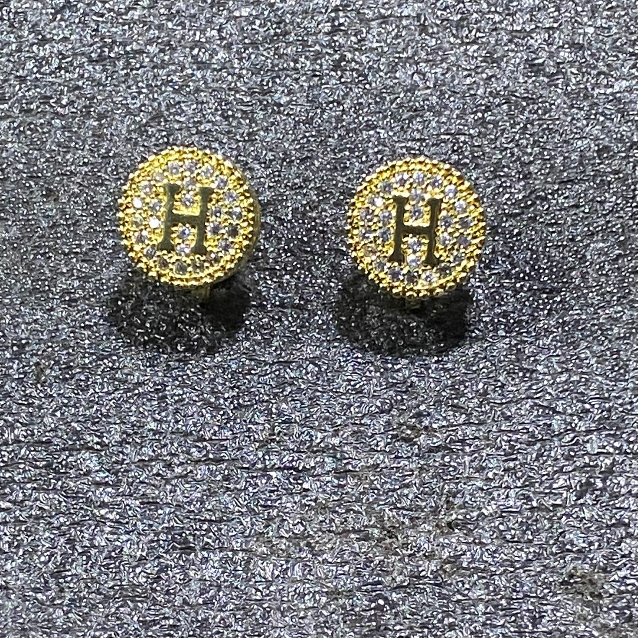 Gold Diamond-Studded Initial Earrings ("H") {NON PIERCING}_0