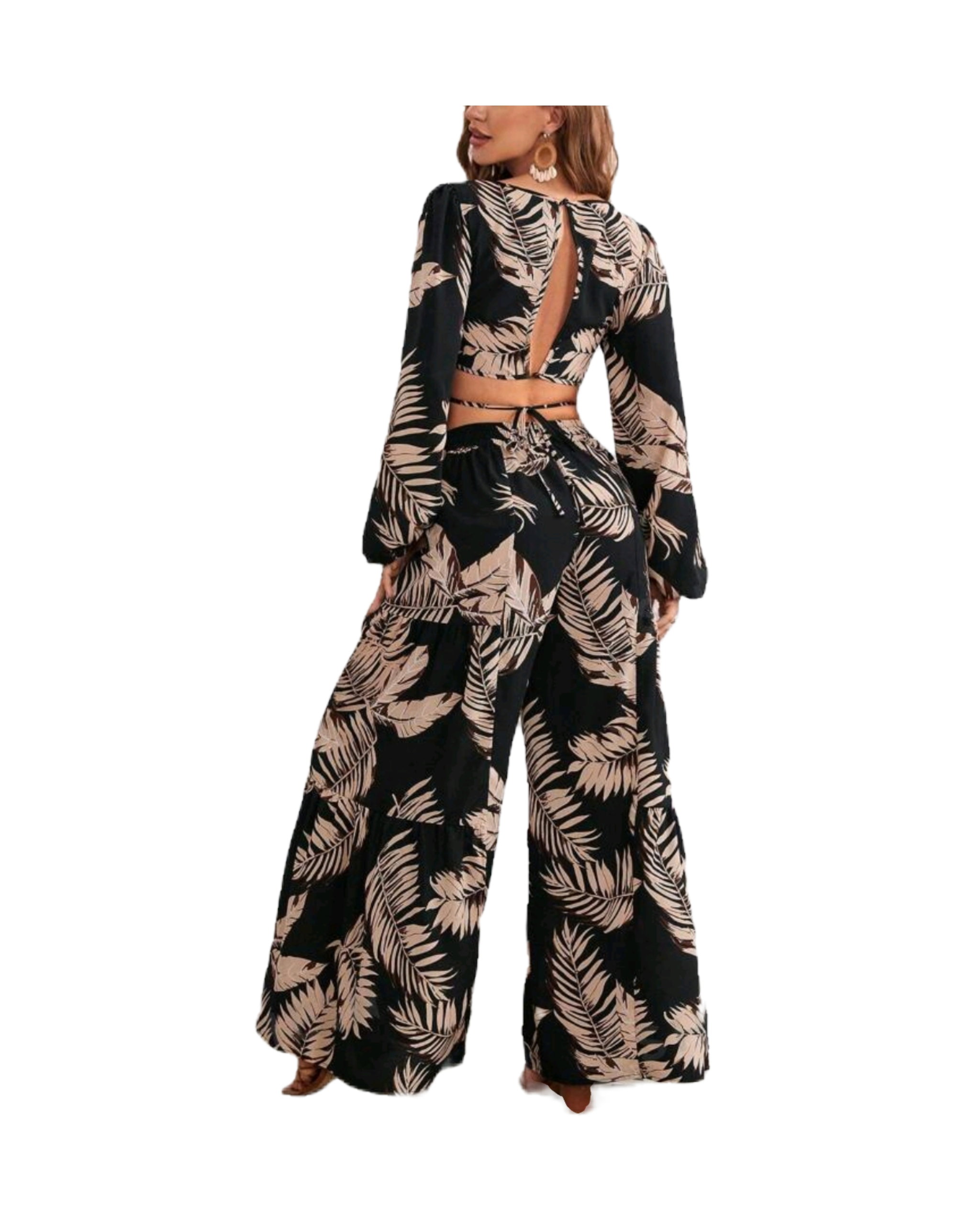 Tie Backless Lantern Sleeve Top & Wide Leg Pants_1