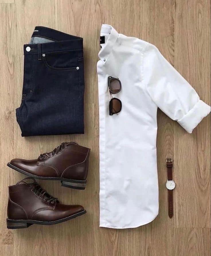 Ensemble Jeans bleu et chemise blache