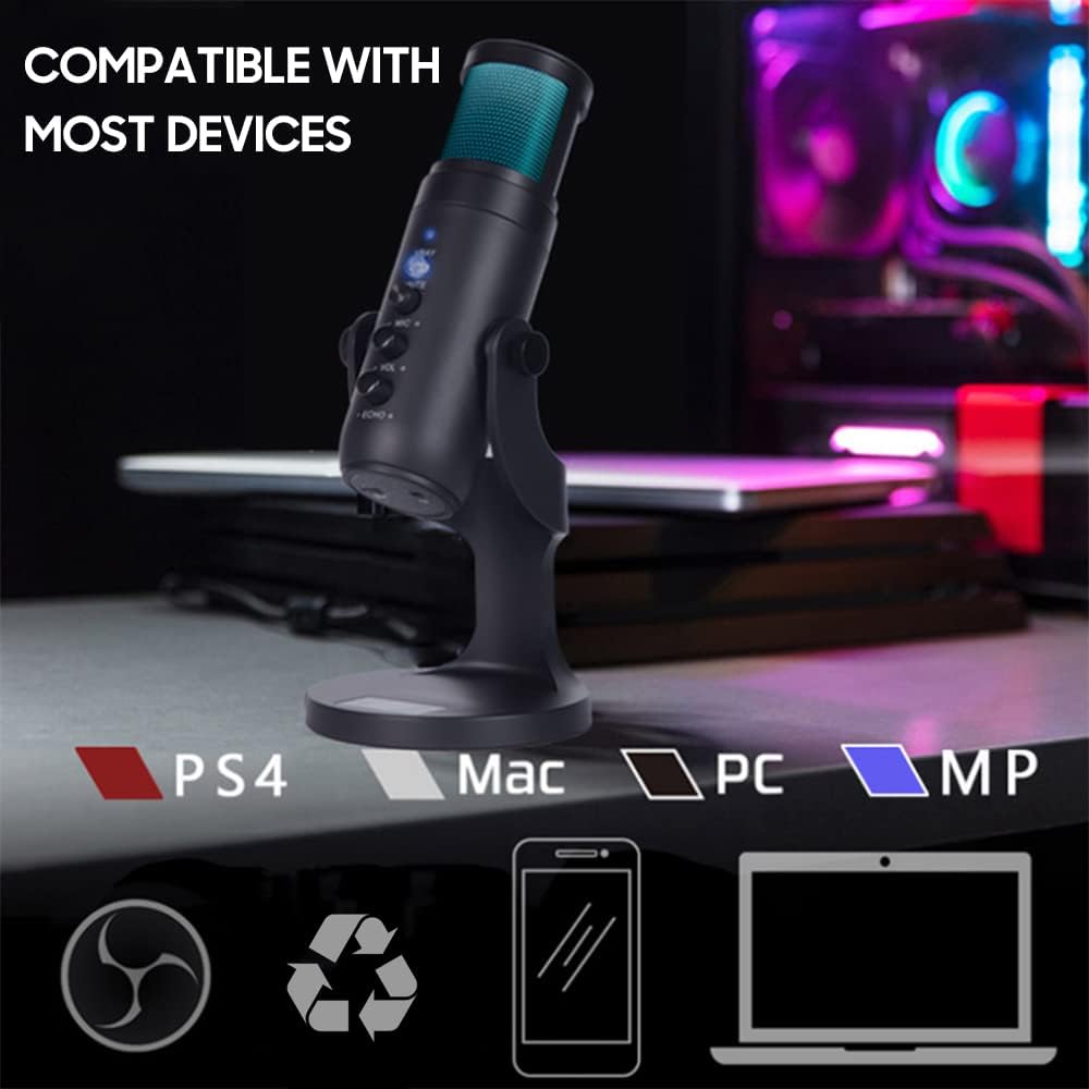 Microfone USB Desktop, Microfone para Podcast, Microfone para Jogos de PC, Redução de Ruído Perceptível Iluminação RGB_3