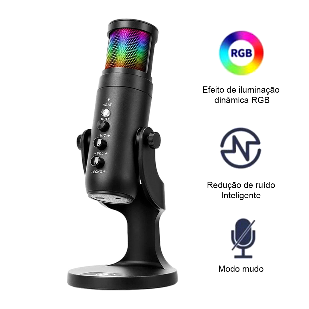 Microfone USB Desktop, Microfone para Podcast, Microfone para Jogos de PC, Redução de Ruído Perceptível Iluminação RGB_0