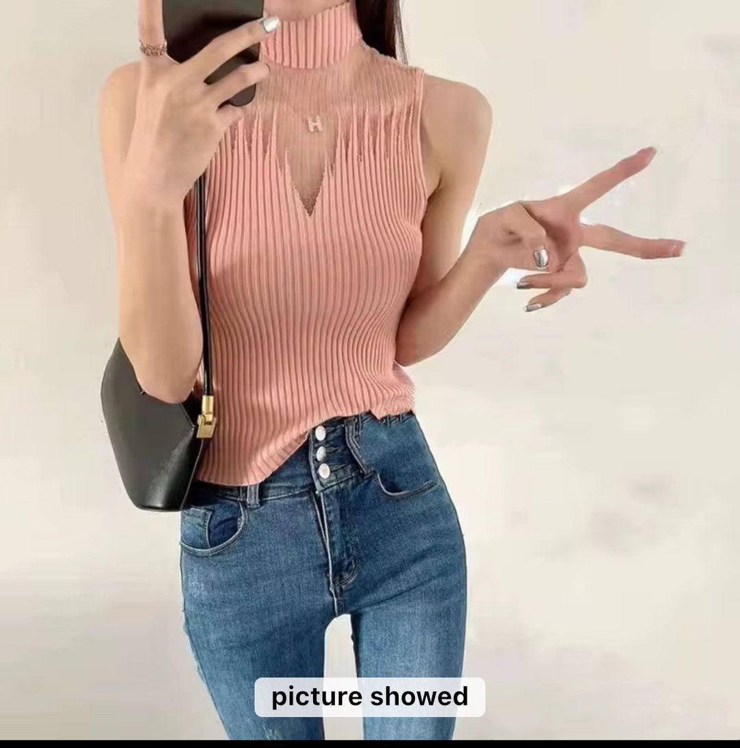 KNITTED TURTLENECK SLEEVELESS STRETCH CAMIS TANK