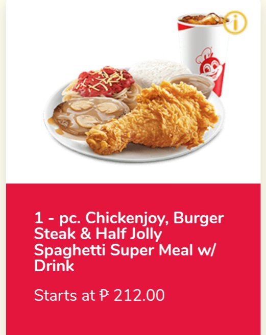 1-pc. Chickenjoy, Burger steak and half Jolly Spaghetti Super Meal w/  drinks_0