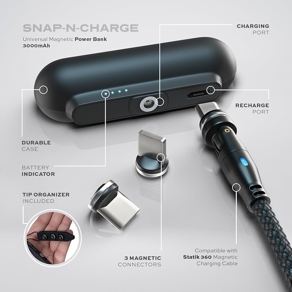 Statik Snap-N-Charge Mini chargeur portable pour iPhone, batterie externe magnétique, batterie 3 000 mAh 10 W, embouts magnétiques 3 en 1 USB C, micro USB et iProduct, Powerbank compact noir élégant_1