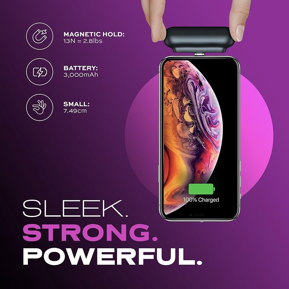 Statik Snap-N-Charge Mini chargeur portable pour iPhone, batterie externe magnétique, batterie 3 000 mAh 10 W, embouts magnétiques 3 en 1 USB C, micro USB et iProduct, Powerbank compact noir élégant_4