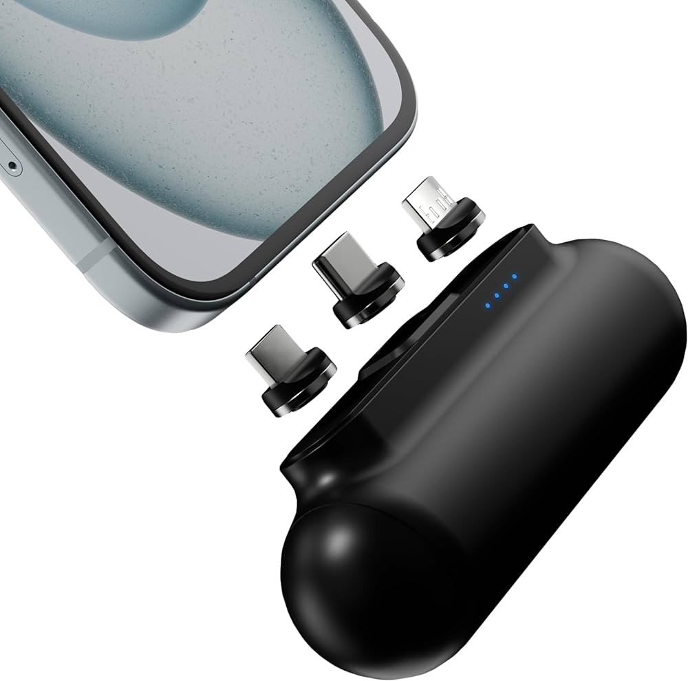 Statik Snap-N-Charge Mini chargeur portable pour iPhone, batterie externe magnétique, batterie 3 000 mAh 10 W, embouts magnétiques 3 en 1 USB C, micro USB et iProduct, Powerbank compact noir élégant_0