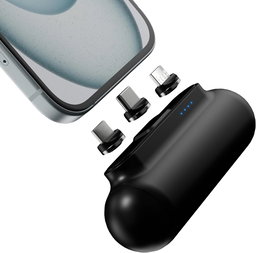 Statik Snap-N-Charge Mini chargeur portable pour iPhone, batterie externe magnétique, batterie 3 000 mAh 10 W, embouts magnétiques 3 en 1 USB C, micro USB et iProduct, Powerbank compact noir élégant