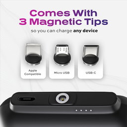Statik Snap-N-Charge Mini chargeur portable pour iPhone, batterie externe magnétique, batterie 3 000 mAh 10 W, embouts magnétiques 3 en 1 USB C, micro USB et iProduct, Powerbank compact noir élégant
