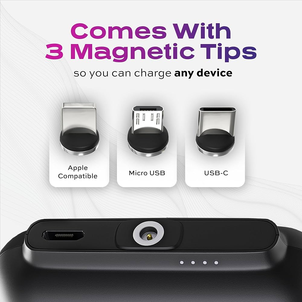 Statik Snap-N-Charge Mini chargeur portable pour iPhone, batterie externe magnétique, batterie 3 000 mAh 10 W, embouts magnétiques 3 en 1 USB C, micro USB et iProduct, Powerbank compact noir élégant_8