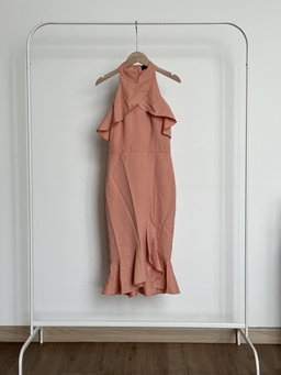 Doublewooot Mandarin Collar Frill Bodycon Dress in Peach
