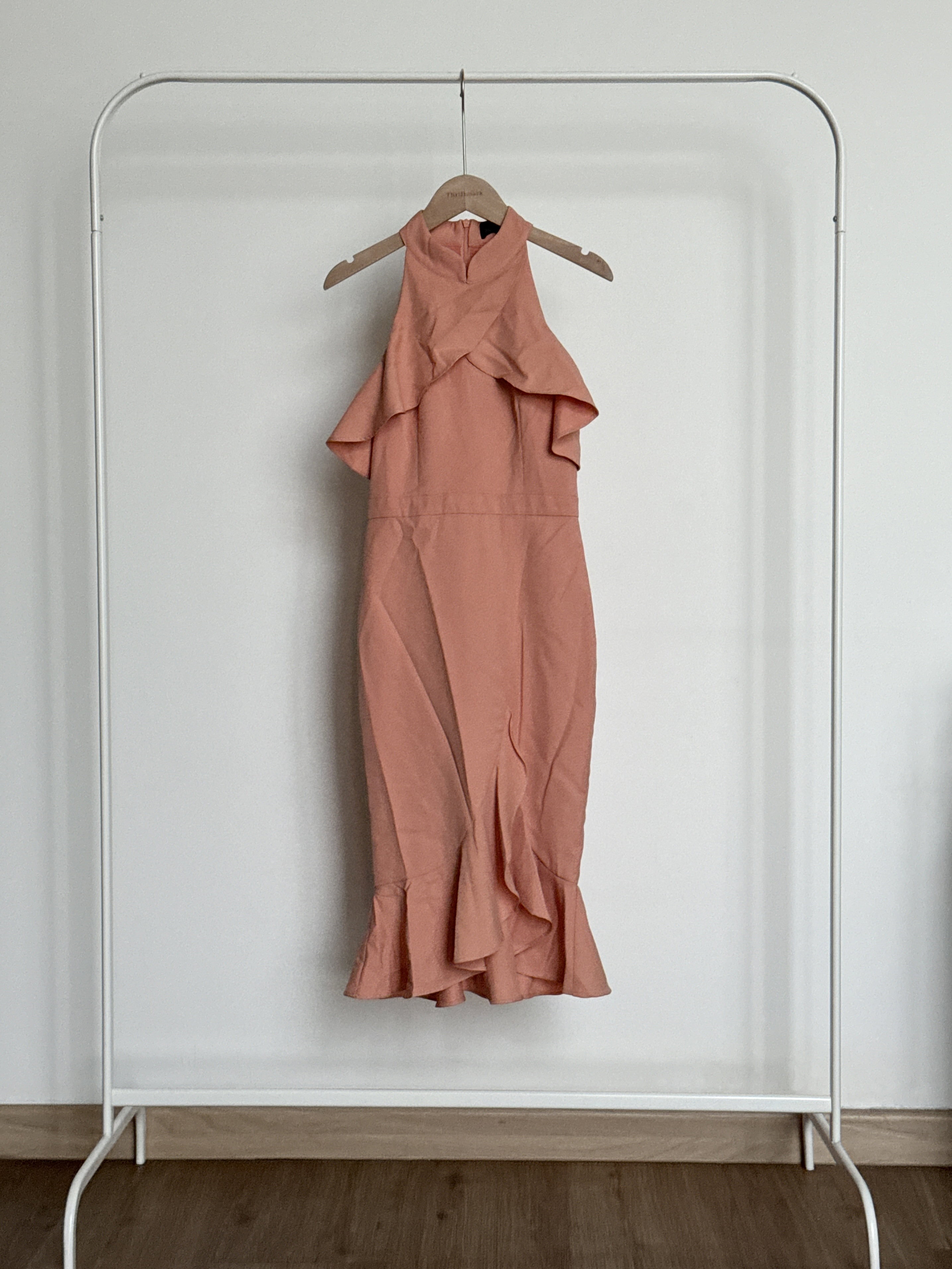 Doublewooot Mandarin Collar Frill Bodycon Dress in Peach