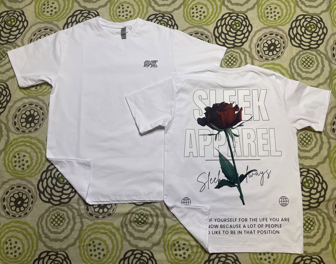 White street wear t-shirt featuring a rose design 