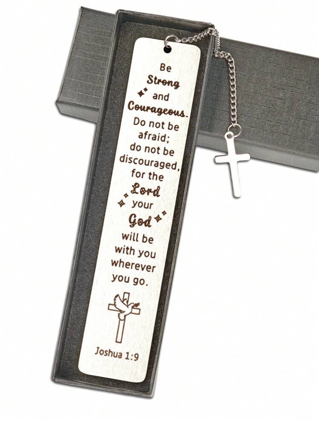 Strong and Courageous stainless steel bookmark