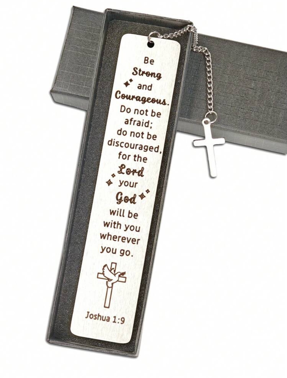 Strong and Courageous stainless steel bookmark_0