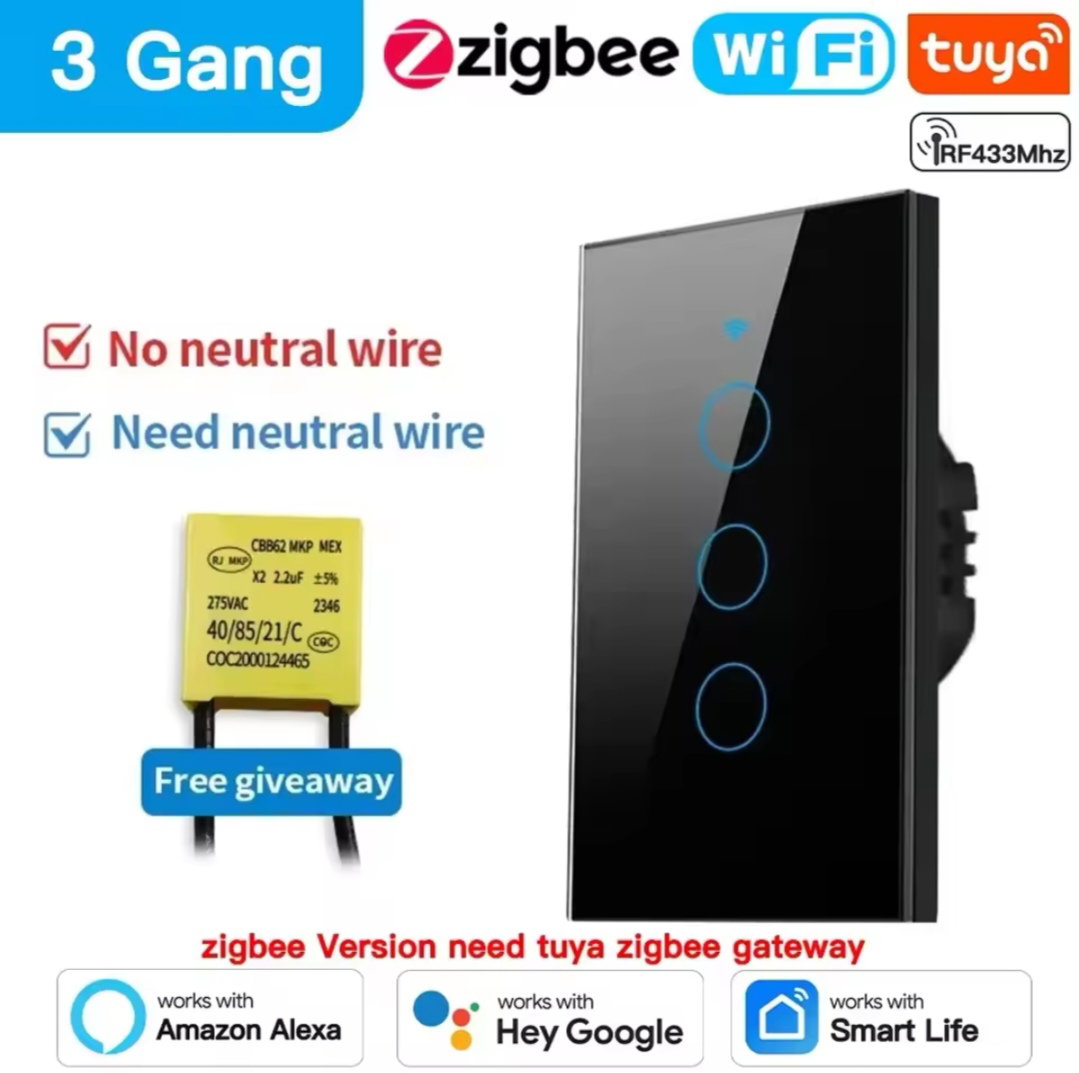 Interruptor de pared inteligente TNCE Tuya Wifi/Zigbee RF433/08, triple , botón de Sensor táctil, sin cable neutro, voz con Alexa y Google Home_0