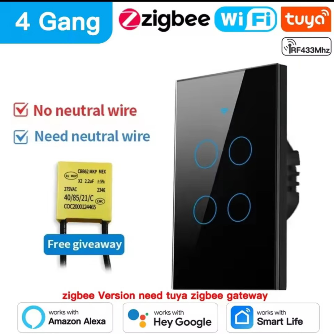 Interruptor de pared inteligente TNCE Tuya Wifi/Zigbee RF433/08, cuádruple, botón de Sensor táctil, sin cable neutro, voz con Alexa y Google Home_0