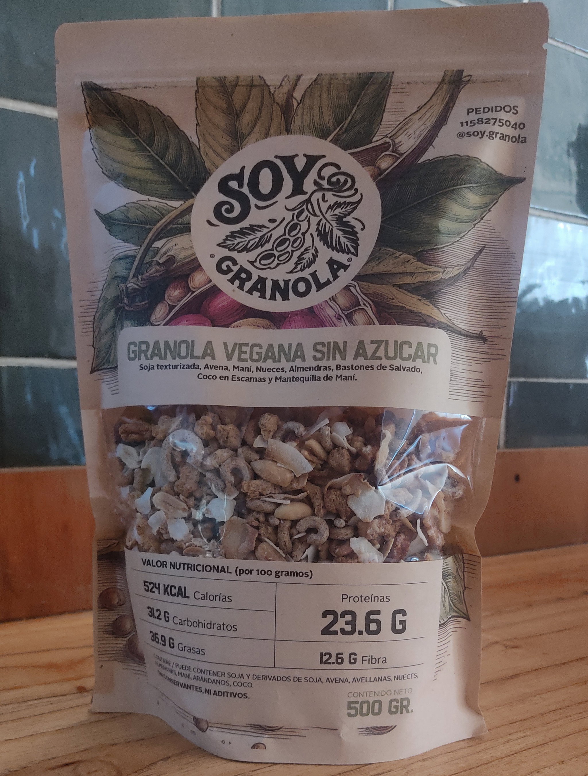GRANOLA VEGANA SIN AZUCAR x 500 GR (soja texturizada, avena, maní, almendras, nueces, coco en escamas, mantequilla de maní y bastones de salvado)_0