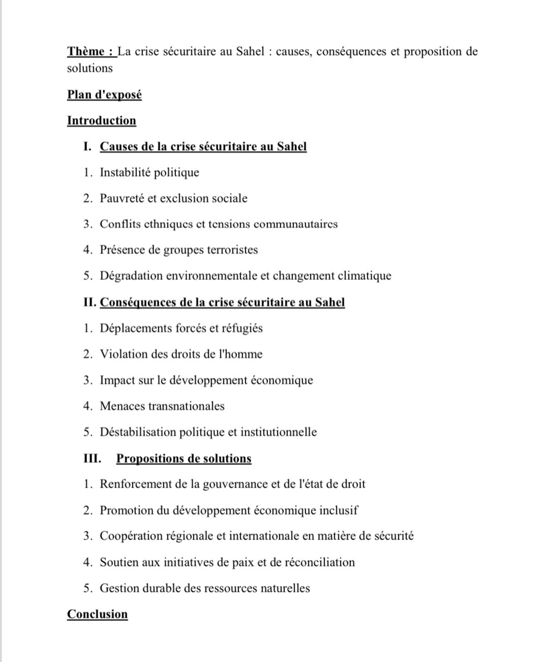 Exposé sur la crise sécuritaire au Sahel 