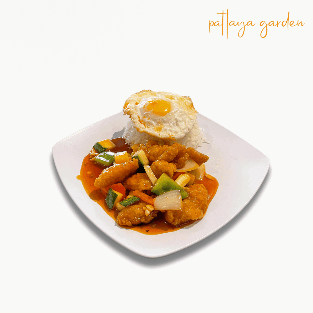 Steamed Jasmine Rice with Sweet & Sour Fish Slices with Sunny Side Up