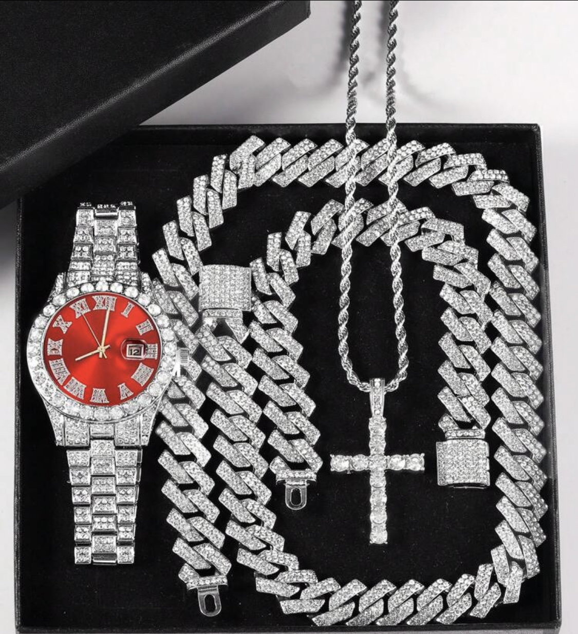 Ensemble De Bijoux Branché De 5 Pièces De Hip-hop Cadeau: Montre, Collier Pendentif Croix, Bracelet Chaîne_0