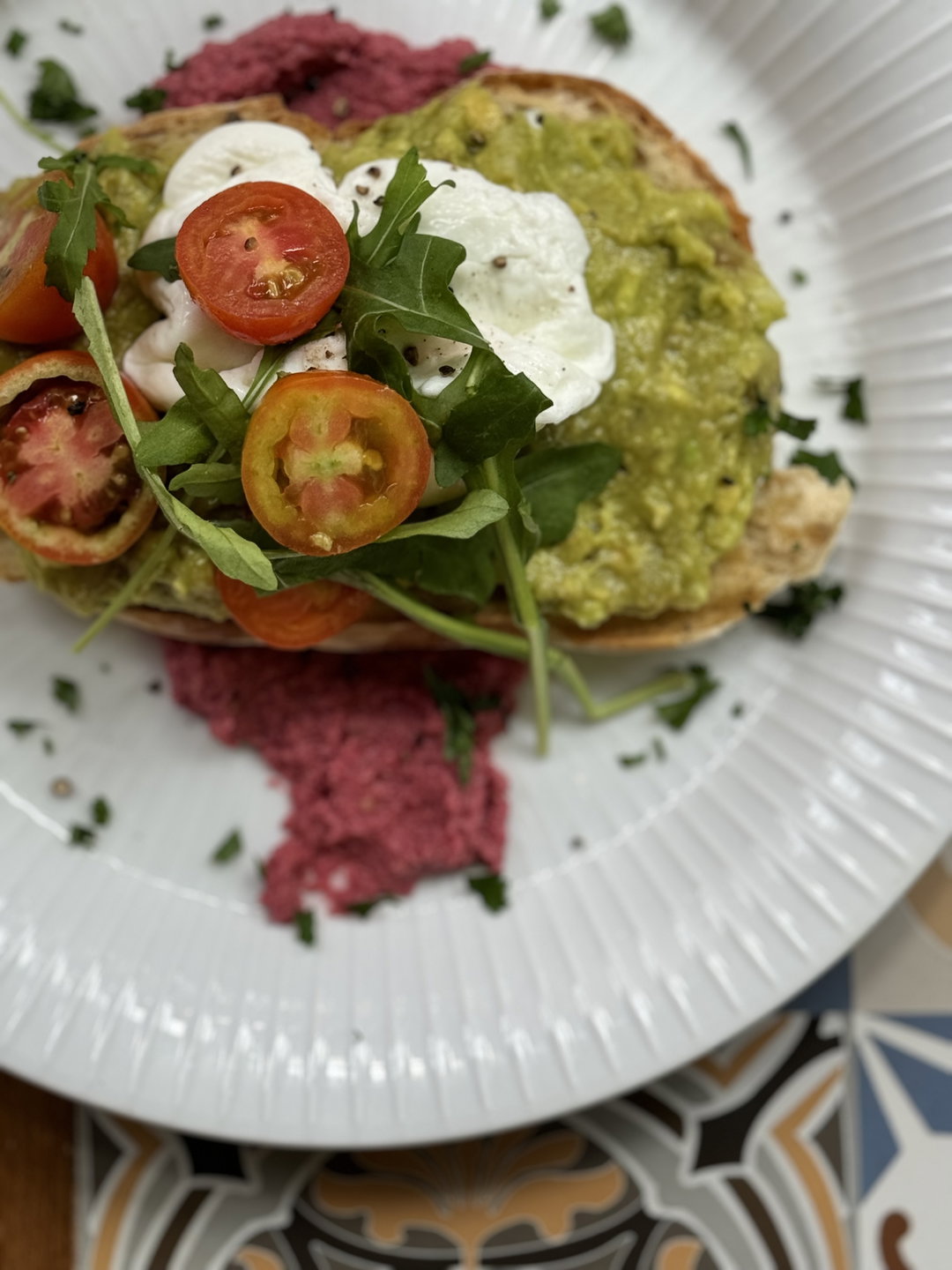 Smashed Avo with Beetroot Hummus & Soft Egg