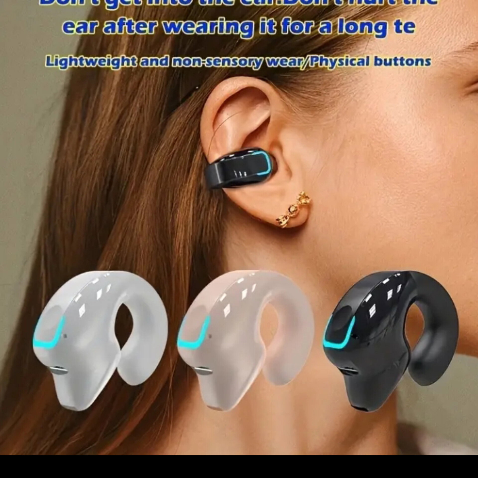 1pc wireless earphones with clip-on ears,comfortable wear,touch control,volume control,condenser microphone,rechargeable lithium battery,USB Charging,Compatible with cellphones_1