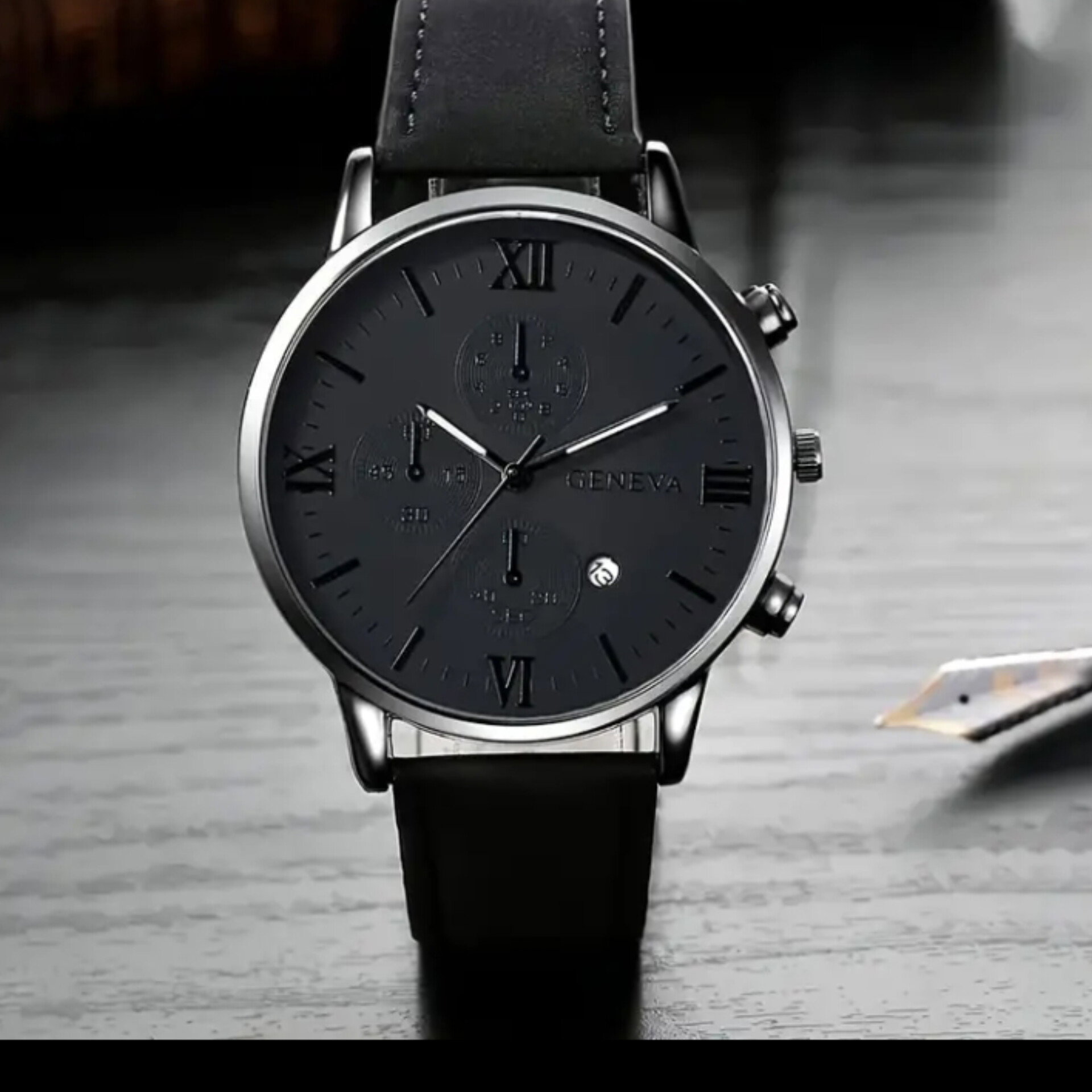 1pc geneva men's quartz watch,round alloy case,analog display,with date feature,PU leather strap,battery powered(button baattery),for valentine's, Easter,Ramadan,Birthday,Christmas Gifts_1