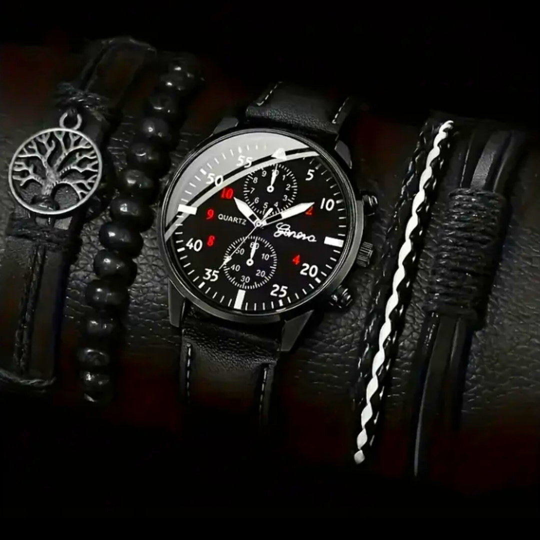 5pcs men's sporty quartz watch set with life tree beaded bracelets-sleek black faux leather strap,round dial,non-waterproof-ideal for valentine's,birthdays,eid AI-Adha Gifts,watch accessories