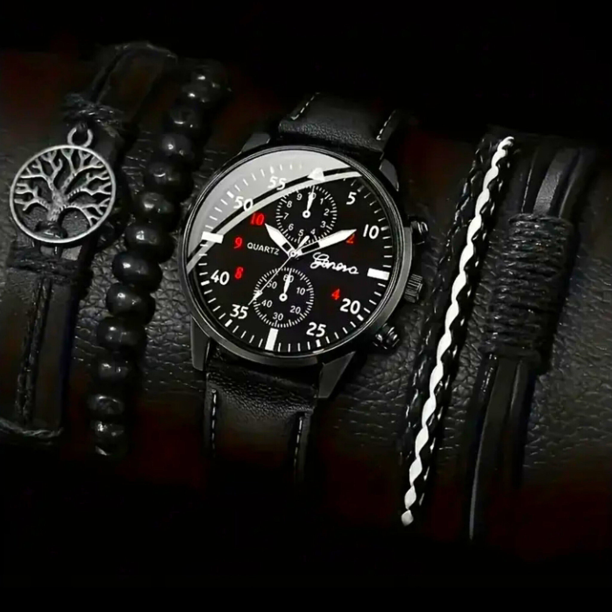 5pcs men's sporty quartz watch set with life tree beaded bracelets-sleek black faux leather strap,round dial,non-waterproof-ideal for valentine's,birthdays,eid AI-Adha Gifts,watch accessories_0