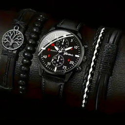 5pcs men's sporty quartz watch set with life tree beaded bracelets-sleek black faux leather strap,round dial,non-waterproof-ideal for valentine's,birthdays,eid AI-Adha Gifts,watch accessories