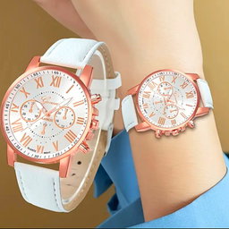 10pcs fashionable quartz watch set,round zinc alloy case,analog display,shock-resistant,faux leather strap,non-rechargeable button battery included