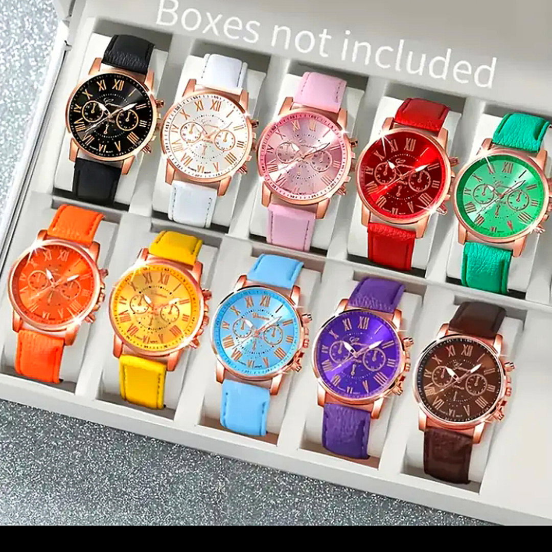 10pcs fashionable quartz watch set,round zinc alloy case,analog display,shock-resistant,faux leather strap,non-rechargeable button battery included