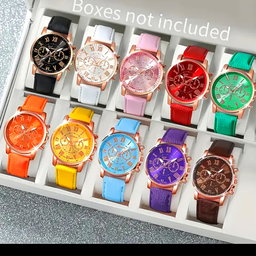 10pcs fashionable quartz watch set,round zinc alloy case,analog display,shock-resistant,faux leather strap,non-rechargeable button battery included