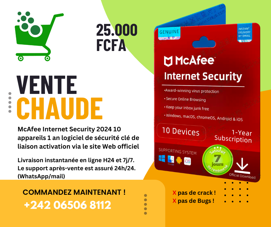  McAfee internet security, V24 1 ans d'abonnement/10 appareils 
