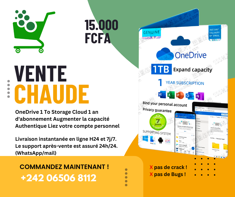 OneDrive 1T de stockage, 1 ans d'abonnement/compte personnel 