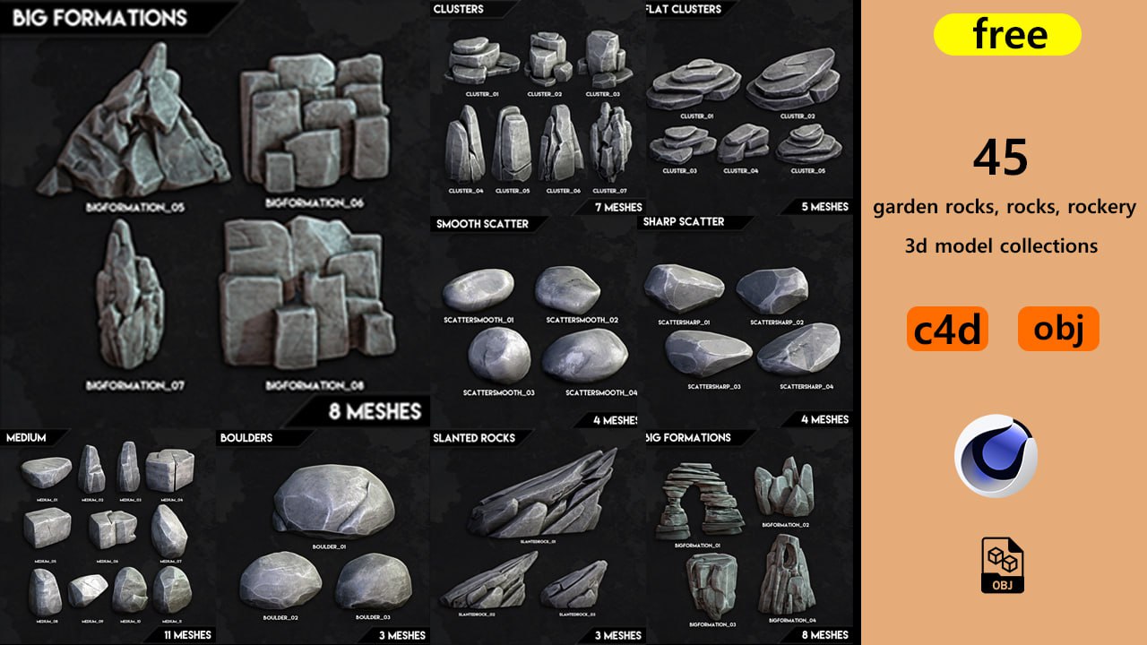 C4D 45 garden rocks, rocks, rockery decorations 3D model materials_0
