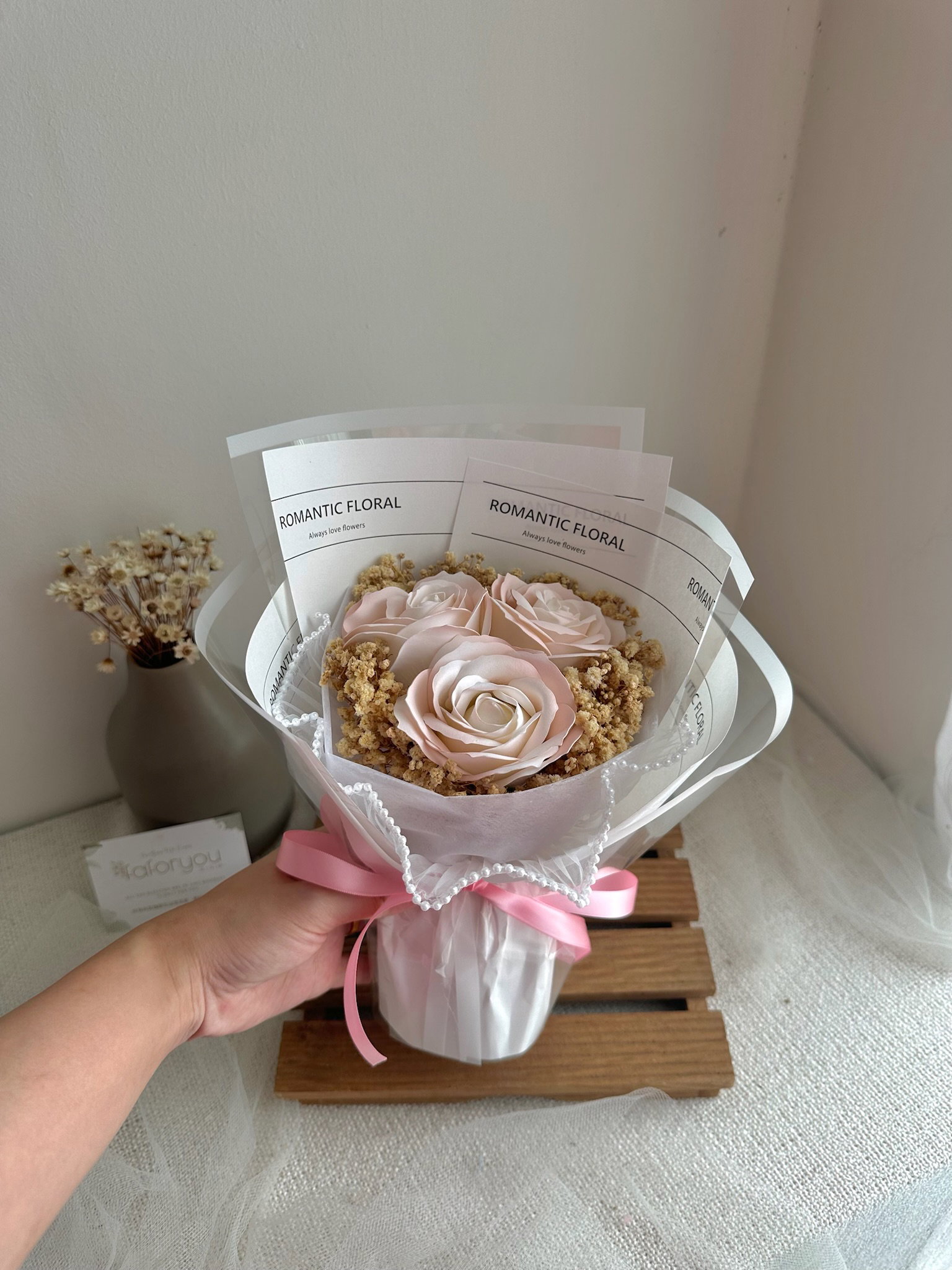(3R018) 3 Stalk Soap Rose Baby Breath Bouquet _1