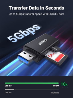UGREEN SD Card Reader Portable USB 3.0 Micro SD Card Reader 5Gbps Memory Card Adapter for SD, Micro SD, SDXC, SDHC, RS-MMC, Micro SDXC, Micro SDHC, UHS-I for Mac, Windows, Linux, Chrome, PC, Laptop