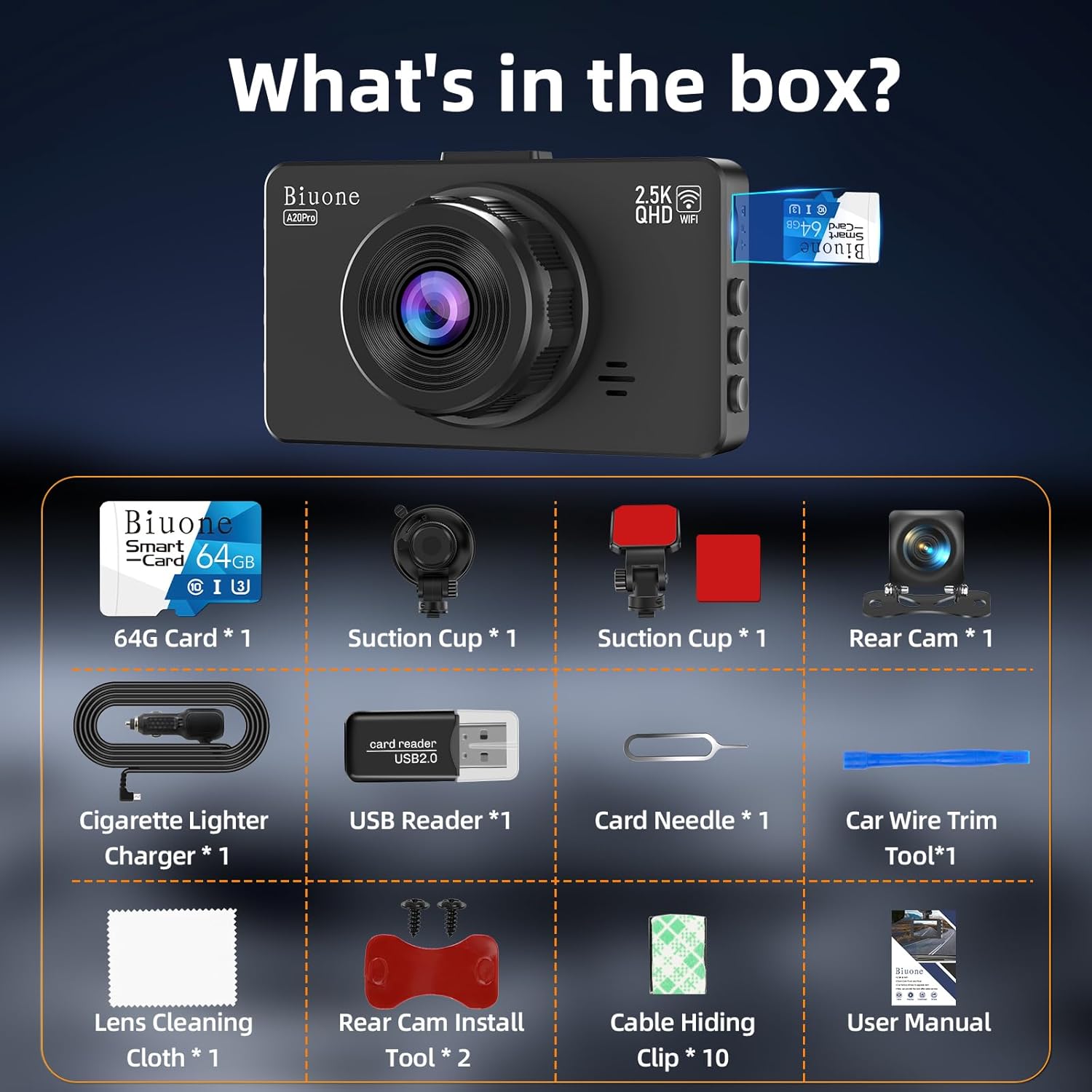 Dash Cam Front and Rear Camera, WiFi Dash Camera for Cars with 64G Card_1