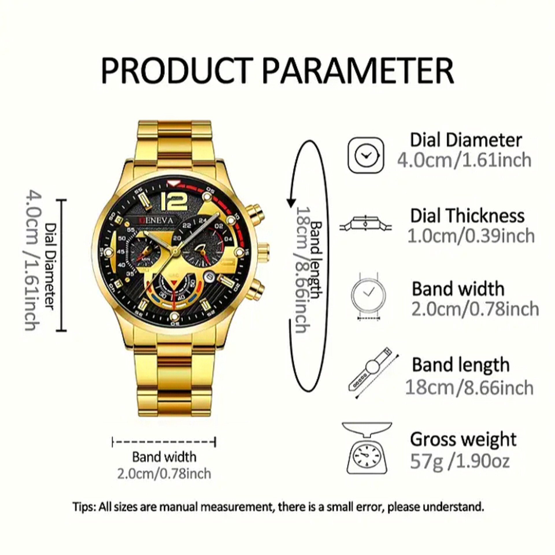 Men's 5pcs fashion set:Business casual quartz watch, with Stainless steel band, hip hop Cuban link Necklace, Bracelet, and ring_1