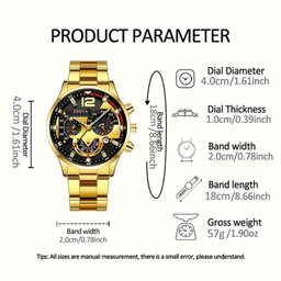 Men's 5pcs fashion set:Business casual quartz watch, with Stainless steel band, hip hop Cuban link Necklace, Bracelet, and ring