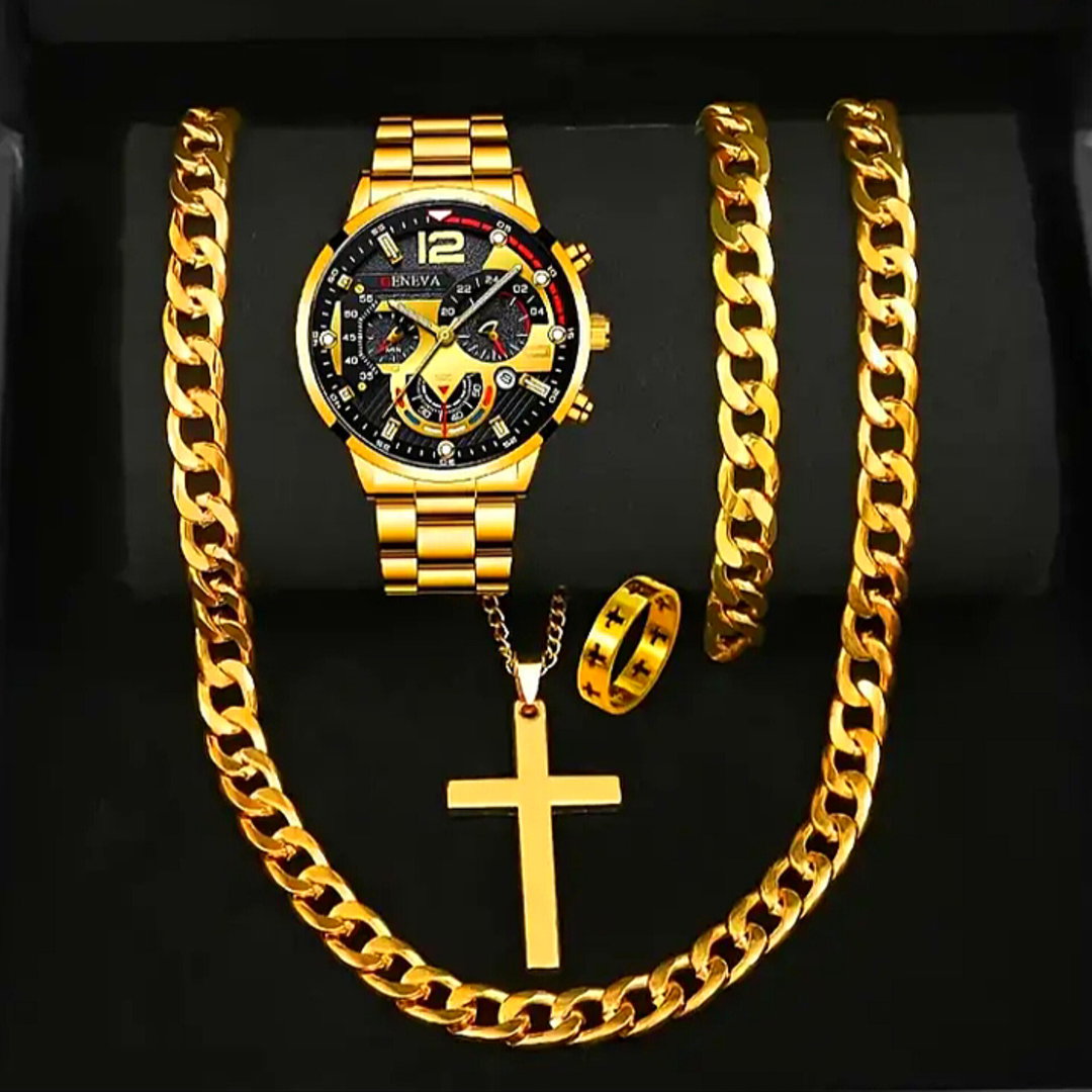 Men's 5pcs fashion set:Business casual quartz watch, with Stainless steel band, hip hop Cuban link Necklace, Bracelet, and ring